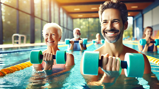 Menschen im Wasser mit Aquahanteln